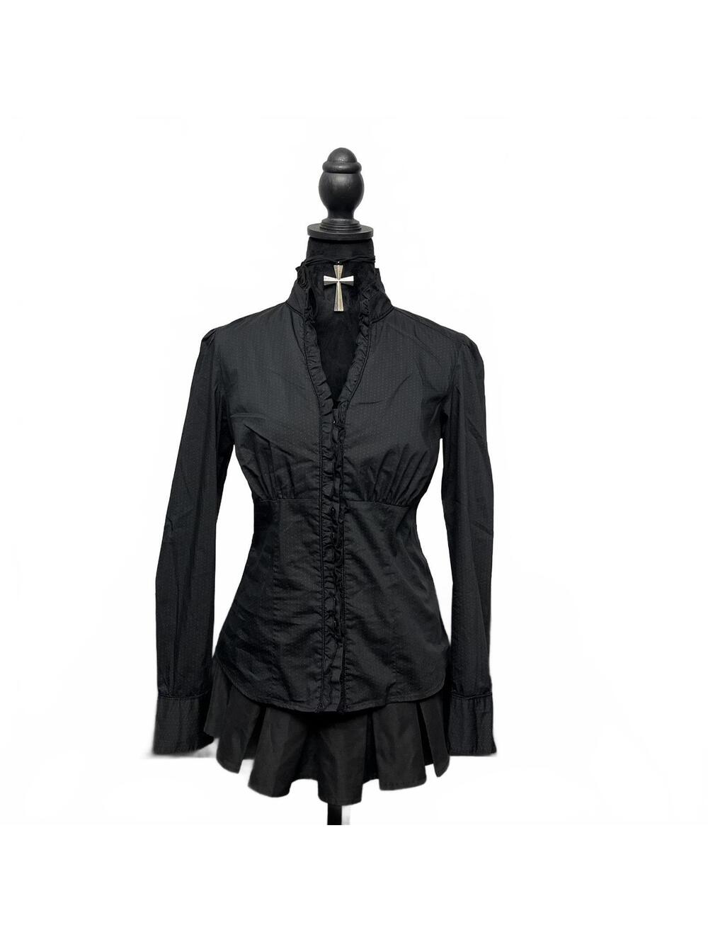 Renuar Sz 4 Gothic Coquette Black Ruffled Button Up Blouse With Micro Polka Dots